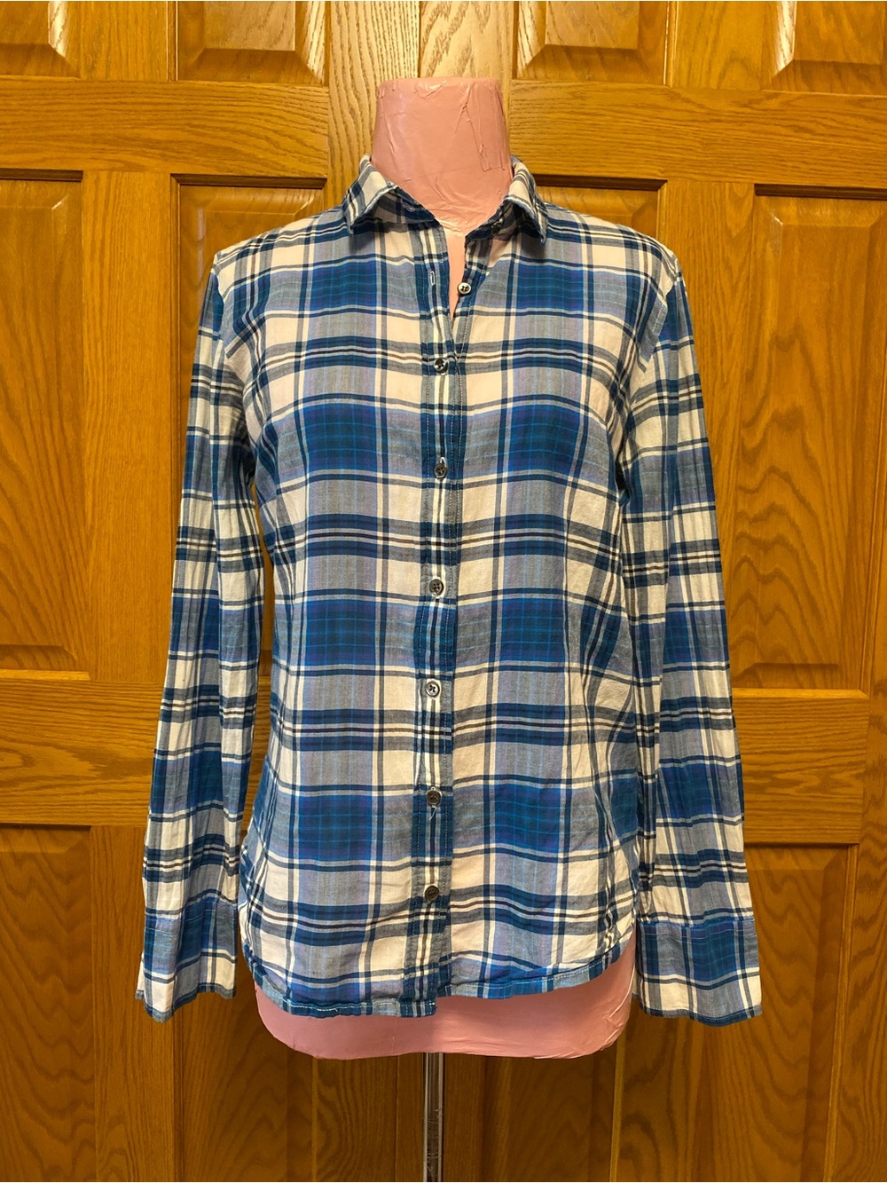 J. Crew Blue and White Plaid Button-Down Shirt Cotton
